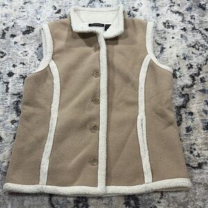 British Khaki Tan Sherpa Lined Fleece Vest Women’s Large Button Front Cozy